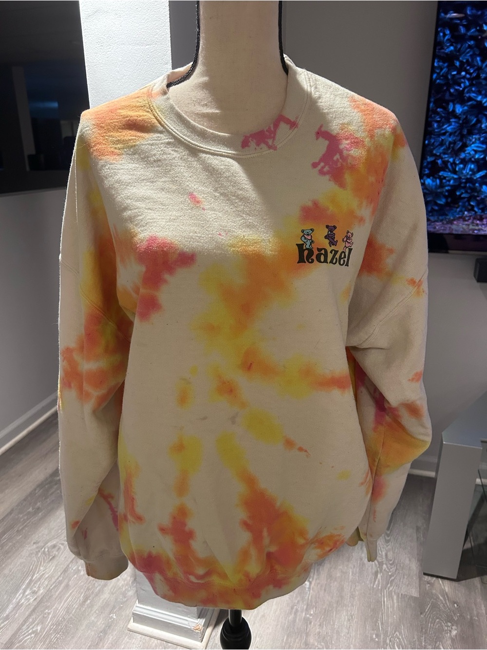 hazel Cream Tie-Dye Crewneck with Pink & Yellow Accents
